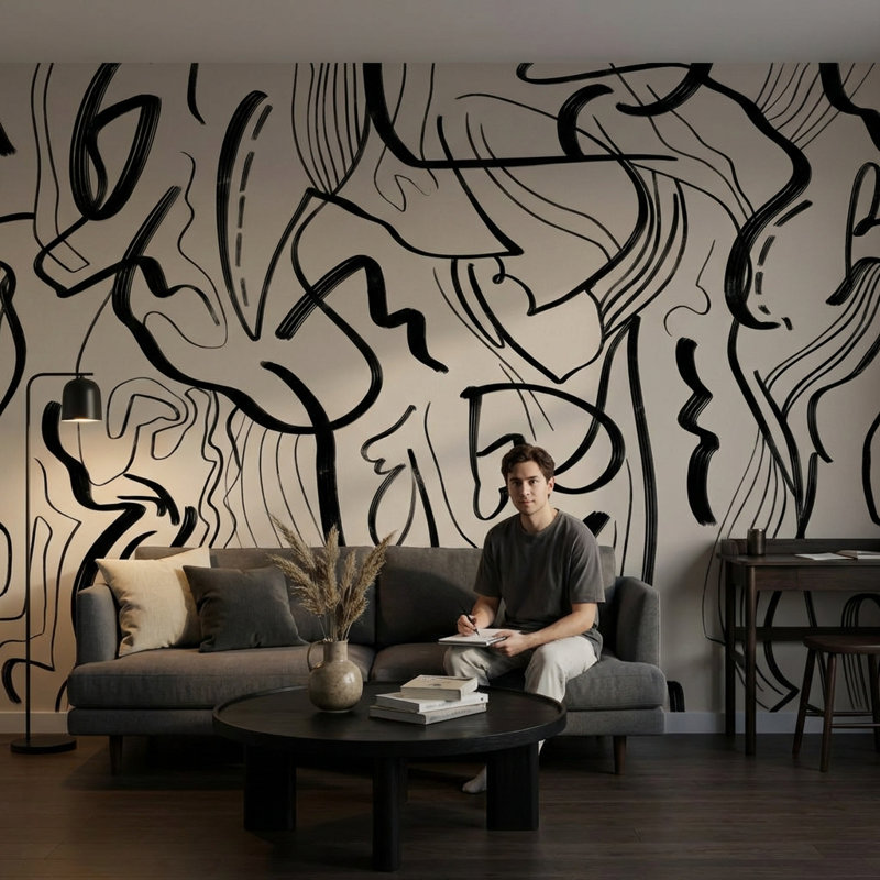 Papier peint abstrait à motif de lignes abstraites et amovibles beige, 100"x96", Peler et coller