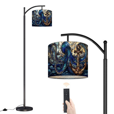 Arc Floor Lamp with Adjustable Lampshade Stained Glass Octopus Anchor Sea Storm Coatsal Standing Lamp 3 Color Temperatures Dimmable Tall Pole Lamp with Foot Switch for Bedroom