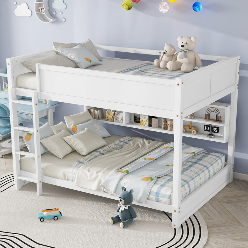 Queen Over Queen Solid Wood Standard Bunk Bed with Storage Cabinets and Charging Station, White