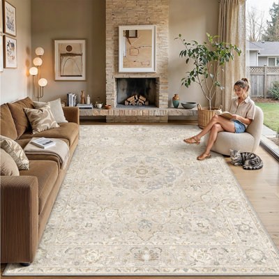 Tapis persan rétro Velora avec lavable à la machine et antidérapant