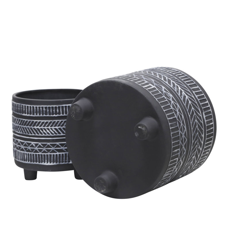 S/2 TRIBAL LOOK FOOTED PLANTER 6/8", BLACK