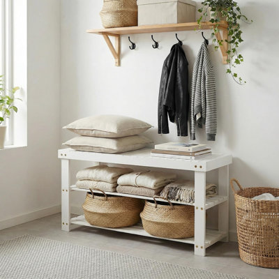 Étagère à chaussures en bois robuste à 3 niveaux avec siège - Organisateur de chaussures d'entrée en bois blanc 35 po - Banc de couloir et de vestibule robuste - Peut supporter jusqu'à 286 lb - Blanc