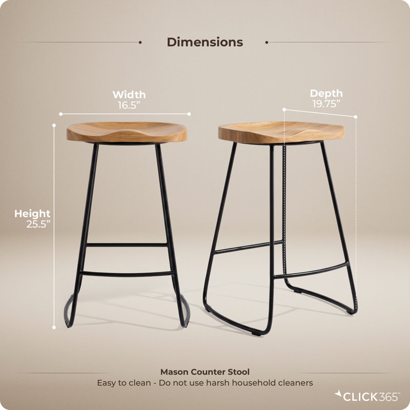 Tabouret de comptoir Mason beige clair avec siège courbé en bois massif et pieds en métal noir