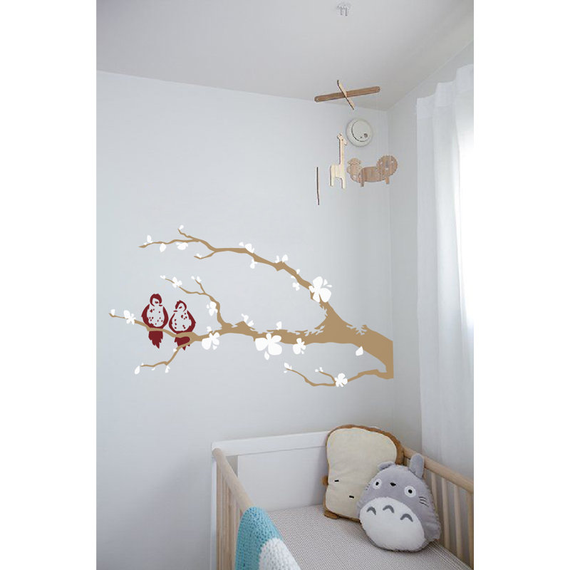 Décalcomanie murale branche arbre love oiseaux, H 31 po x l 60 po x P 0,01 po, Blanc / Bourgogne