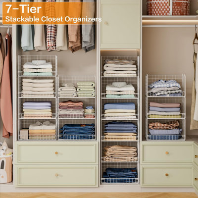 7-Tier Stackable Closet Organizers and Storage Shelves, Foldable Closet Shelf Organizer System, Stackable Storage Bins Drawers for Closet Organizer System, White