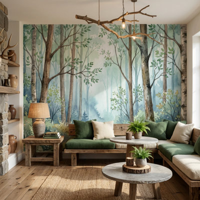 Shades Of Green Wallpaper Watercolor Trees Wall Mural