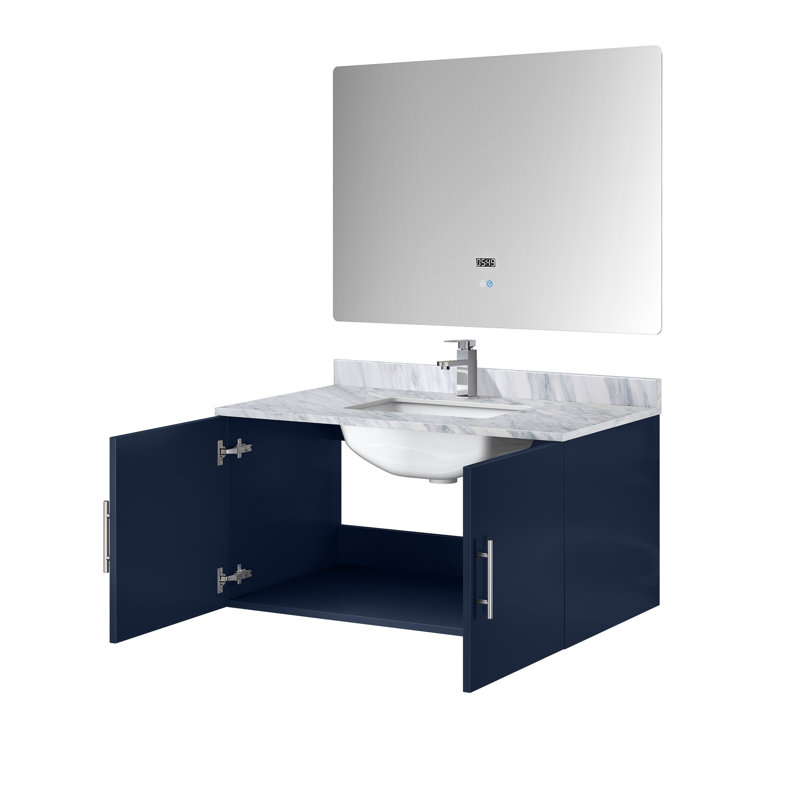Bleu marine 36 po Meuble-lavabo X 22 avec comptoir en marbre, robinet, miroir à DEL - comptoir de salle de bain Scratch et fonctionnel
