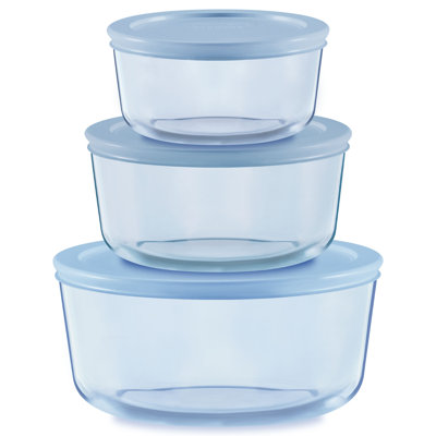 Pyrex Simply Store Tinted 6-piece Round Glass Storage Set With Blue Plastic Lids (3 Containers With 3 Lids