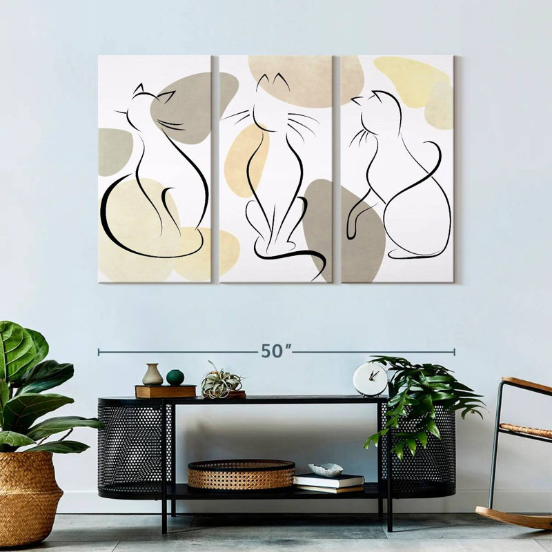 Minimalist Cats - Ensemble de 3 toiles tendues, H 32 po x l 50 po x P 1,25 po