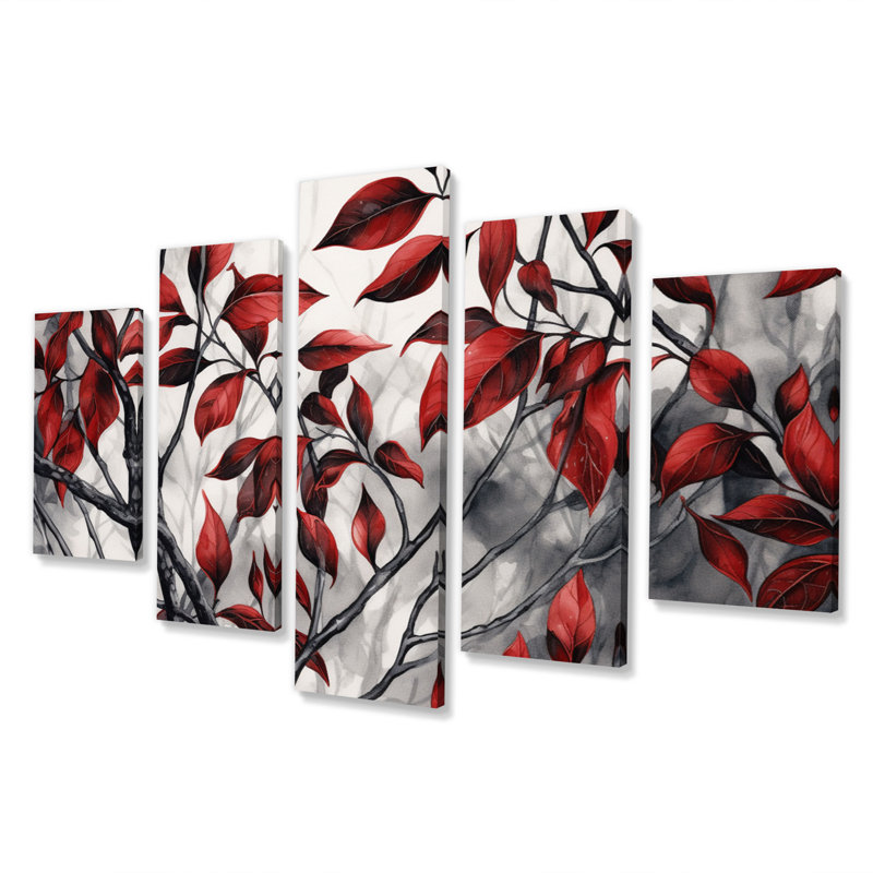 5 feuilles rouges et grises sur un arbre VI
