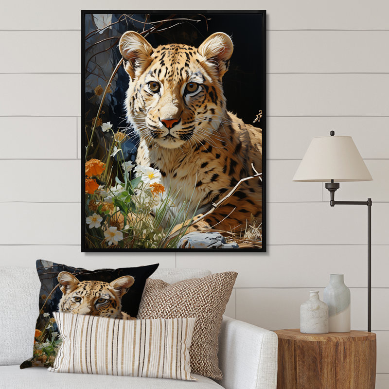 Charlonda Leopard Elegance Pastoral sur toile, Cadre flottant noir, H 40 po x l 30 po x P 1,5 po