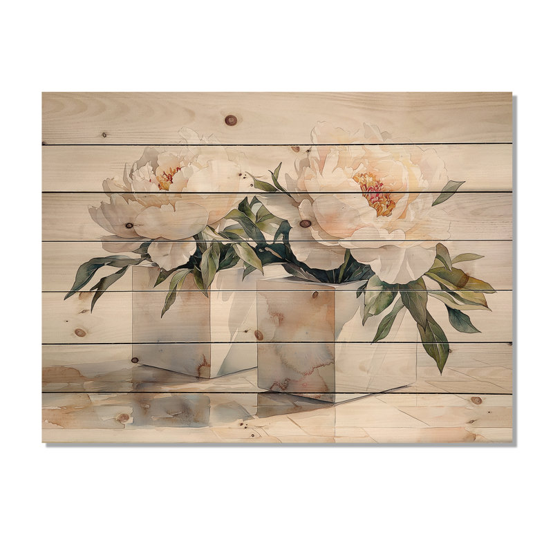 Minimal pivoines dans des cubes blancs II - art mural en bois pivoines - sur bois de pin naturel