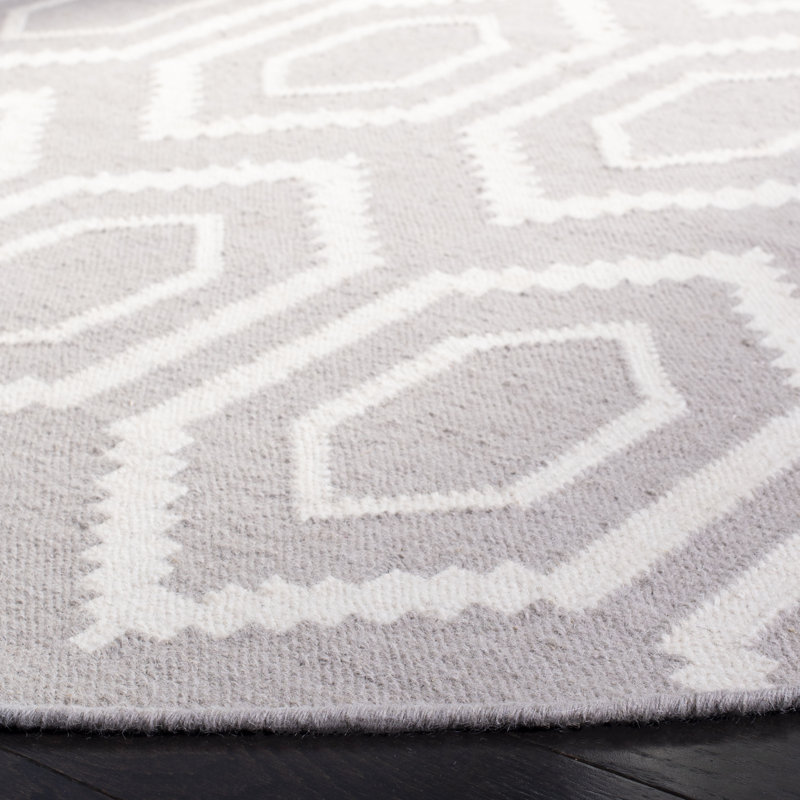 Fung Hand Woven Flat Weave Wool/Cotton Geometric Rug in Gray/Ivory, Round 8'