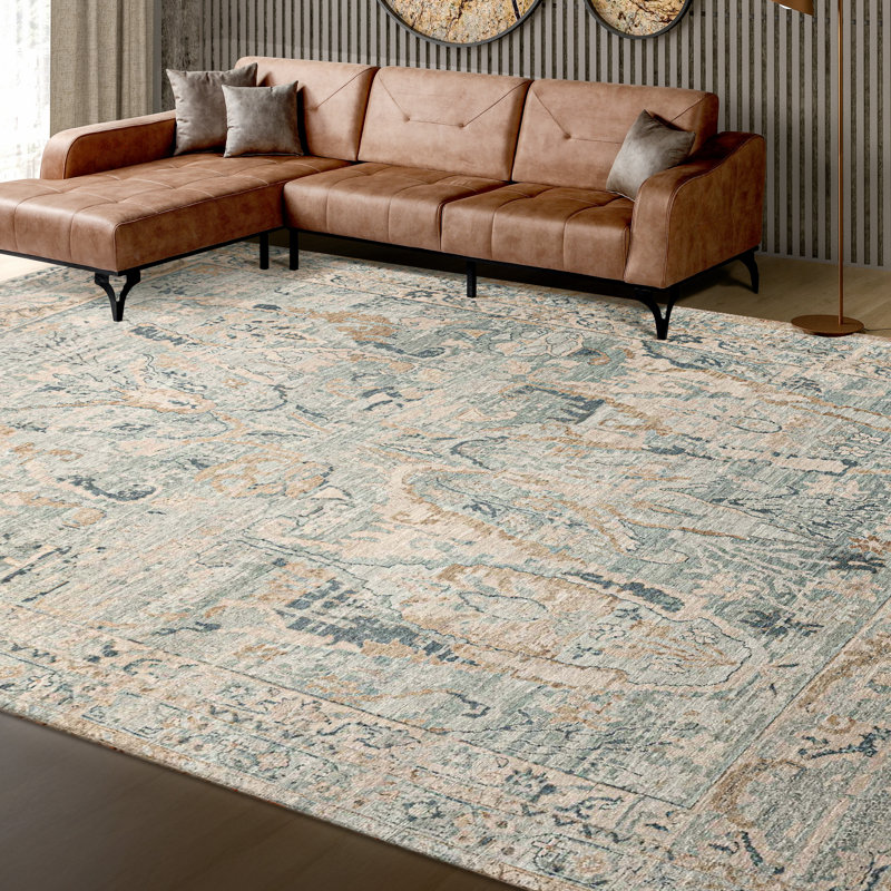 Hand Knotted Wool Abstract Area Rug in Turquoise/Beige, Rectangle 6' x 9'