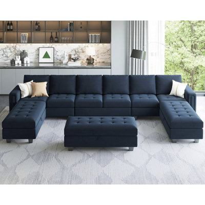 Canapé modulaire en L en velours de forme allongée en forme de U avec canapé de salon et canapé de repose-pieds Shavera