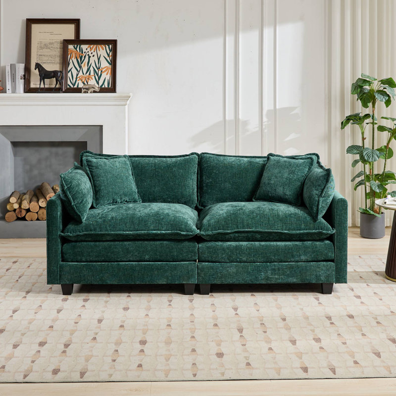 Canapé modulaire Teasley avec tissu chenille et coussins double couche, Chenille verte