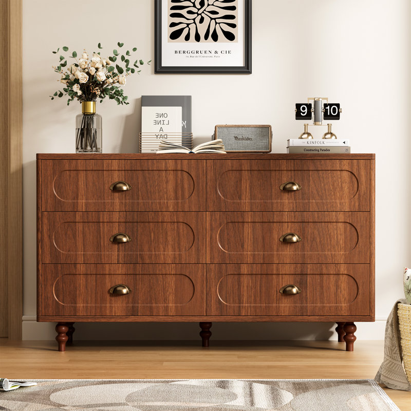 Mid Century Modern Drawer Dresser, 6 Drawer Fluted Dresser with Solid Wood Legs, Gold Handles & Curved Edges Design for Entryways, Living Room,