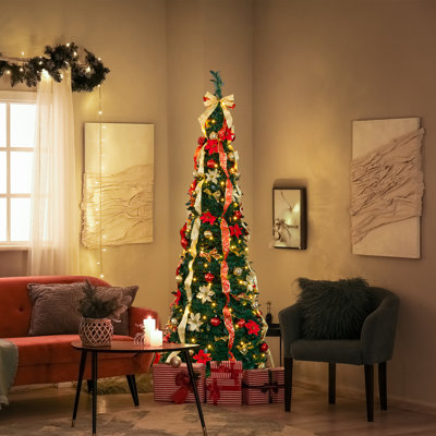 Arbre de Noël artificiel éclairé 7 pi avec décoration Godlen et ornements rouges