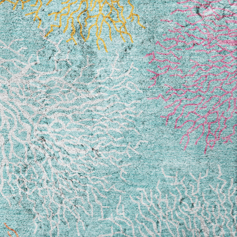 Tapis corail à poils longs de qualité supérieure lavable à la machine ADS182, Turquoise, Rond 8 pi