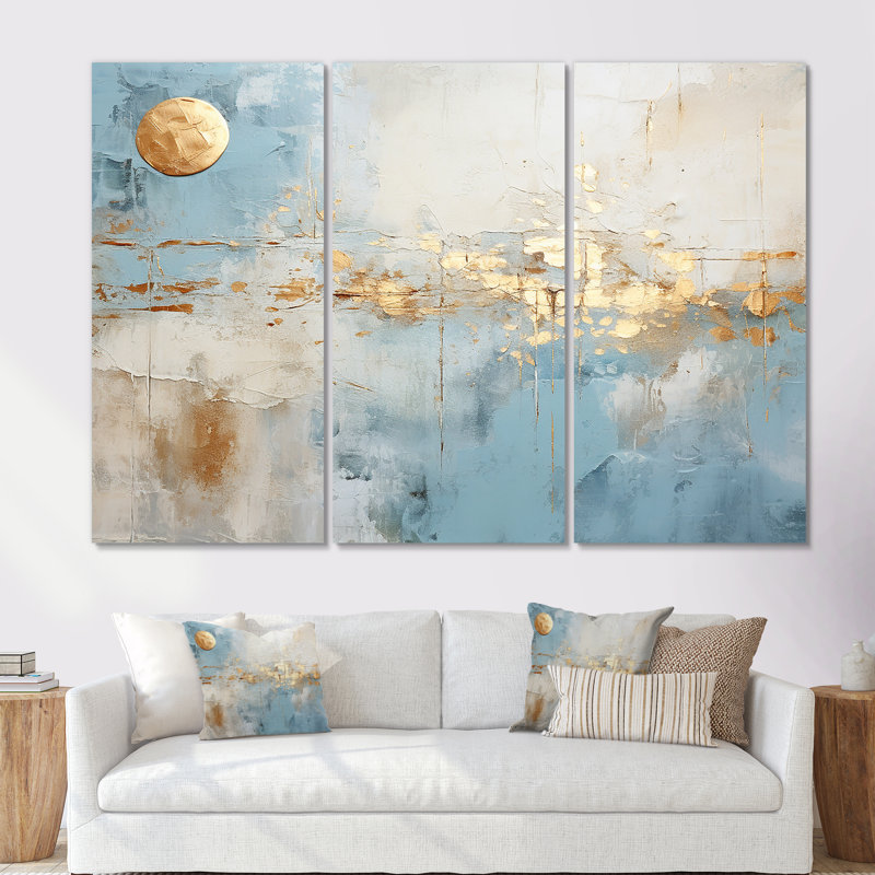 «Blue and Gold Minimal Expression», ensemble d'art mural formes abstraites, Toile tendue, H 32 po x l 48 po x P 1 po