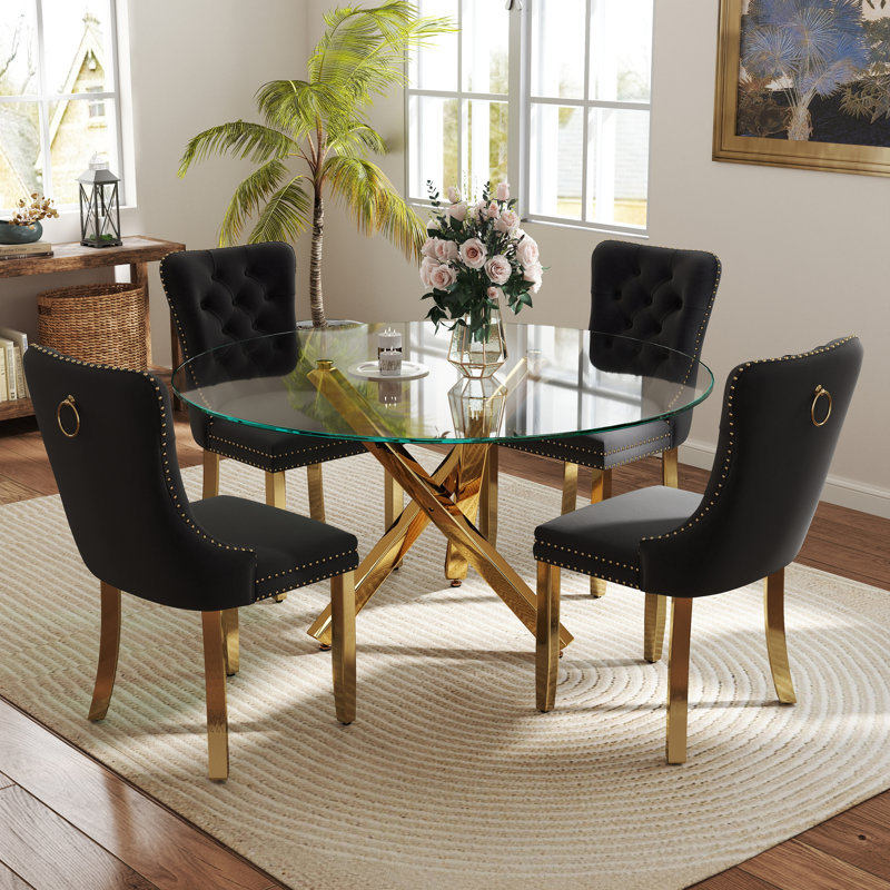 Ensemble de table de salle à manger 5 pièces, Noir / or, H 29,5 po x L 47 po x l 47 po, Or
