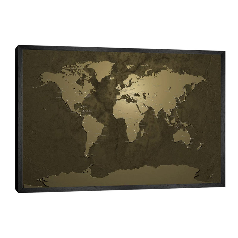 World (Cities) Map V by Michael Tompsett - Print on Canvas, 66.04 cm H x 45.72 cm W, Black Framed