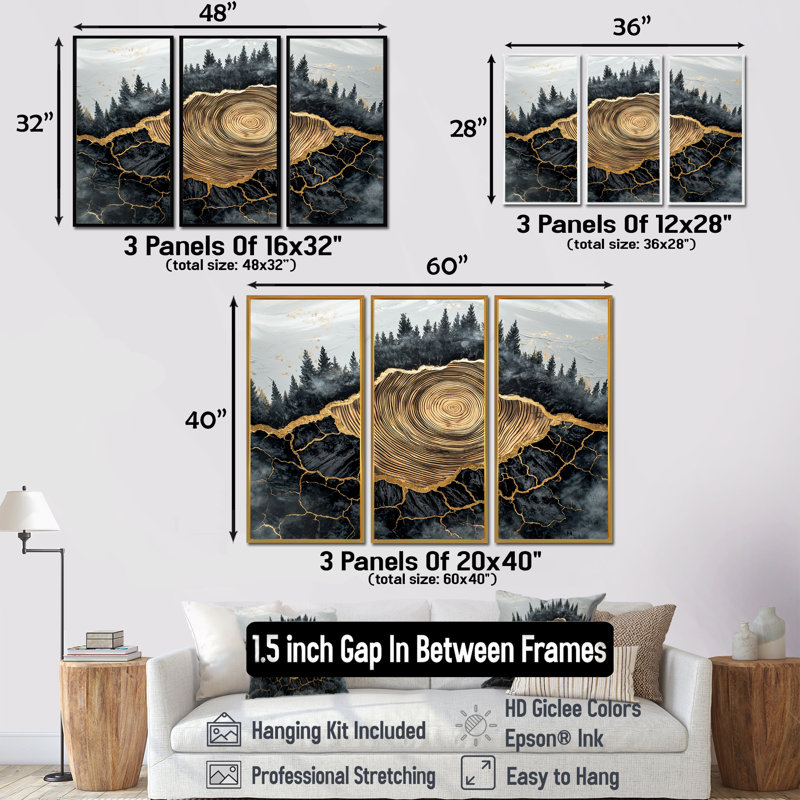 Forêt foncée liquide Gem I - art mural forêt pour le salon - ensemble de 3, Argent argent, H 28 po x l 36 po