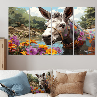 «Farmhouse Donkeys Flower Charm III - Donkey», ensemble de 4 pièces d'art mural