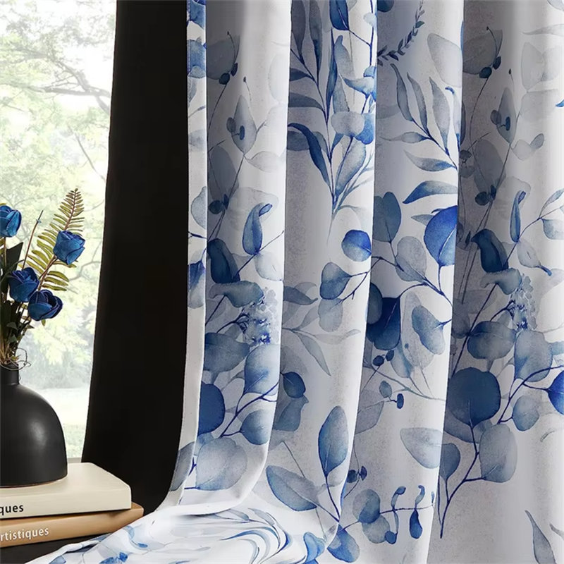 Blue Plant Pattern Blackout Window Curtain