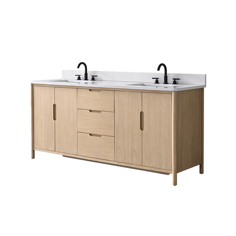 Meuble-lavabo autoportant à double cuve 72 po avec plateau en pierre reconstituée, centrale électrique cachée, support de chargement USB et support pour sèche-cheveux Lucerne 
