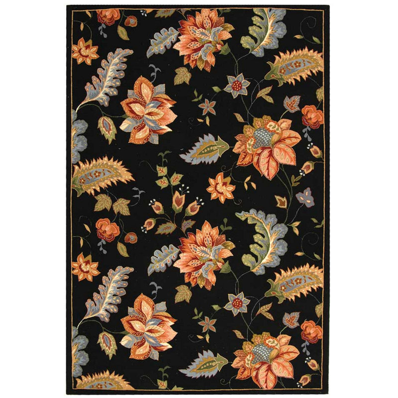 Tapis noir en laine crocheté à la main Hollander, Rectangle 7 pi 9 po x 9 pi 9 po