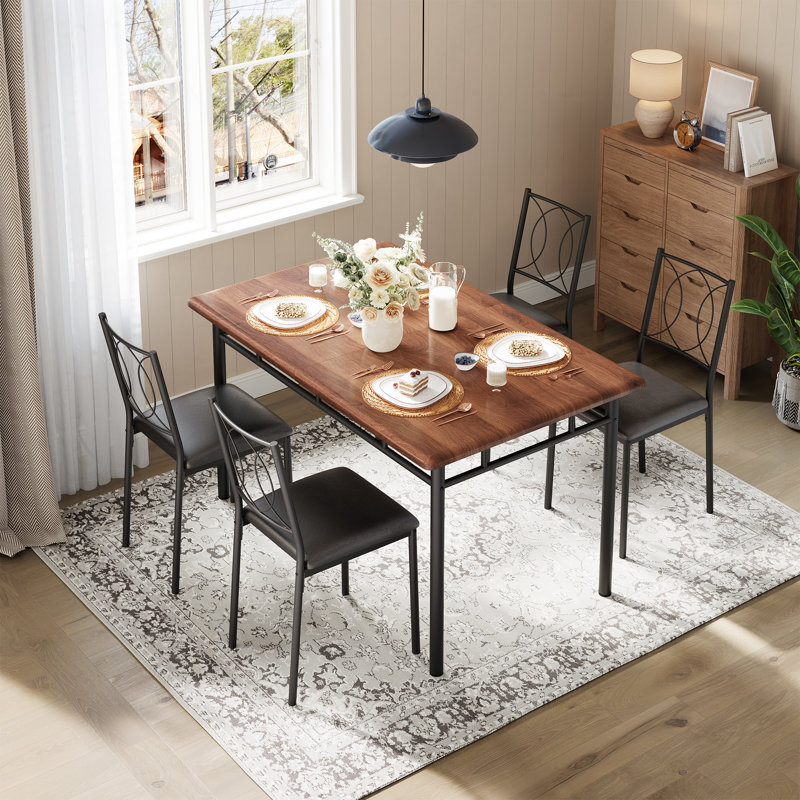 Ensemble de table de salle à manger 5 pièces peu encombrante, table de ferme en bois avec chaises rembourrées, Tanné
