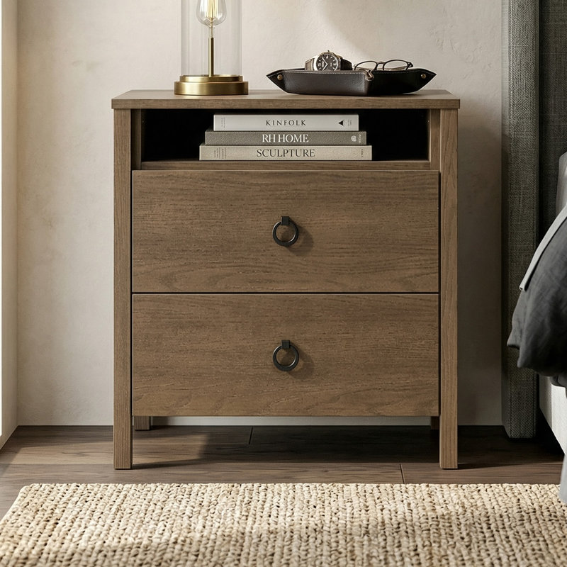 Mucci 22.7" H Transitional 2 Drawer Nightstand With Shelf, Brown, Individual