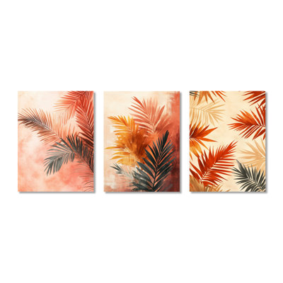 «Terracotta Palm Vibes - Pink Palms», ensemble de 3 reproductions d'art murales en métal