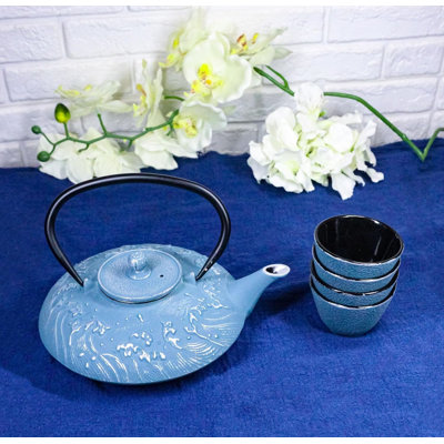 Royal Blue Ocean Sea Waves Tetsubin 27Oz Cast Iron Tea Pot With 4 Cups Set