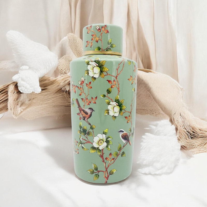 Milania Hand-Finished Porcelain Ginger Jar – Green Ceramic with Gold Rim, Tree & Bird Motif, Elegant Freestanding Décor
