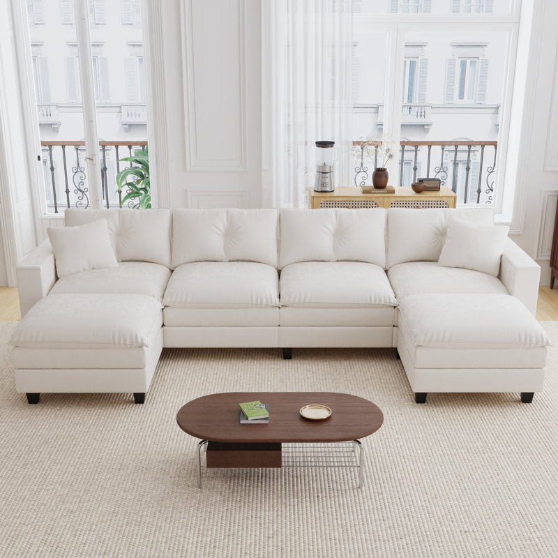 Canapé modulaire en forme de U de 137 po avec repose-pieds et accoudoirs de rangement, Polyester beige