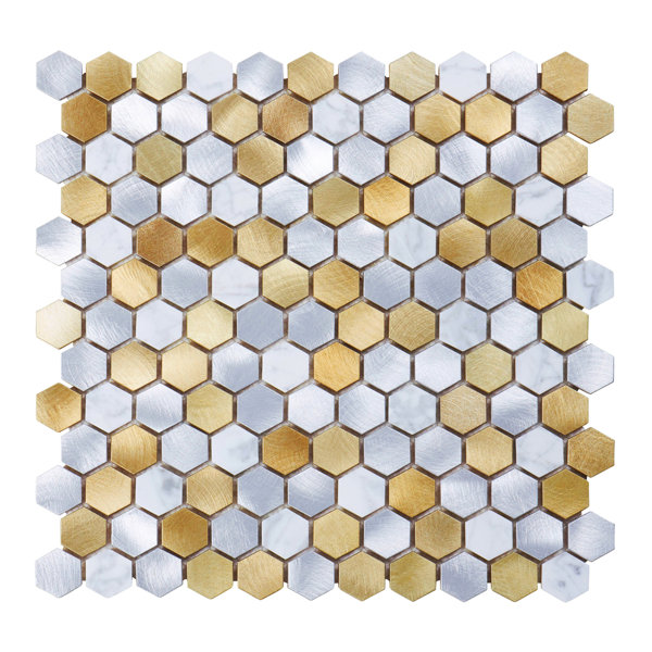 White Calacatta Marble Champagne Gold Metal Aluminum 1" Hexagon Mosaic Sheet Tile By Modket