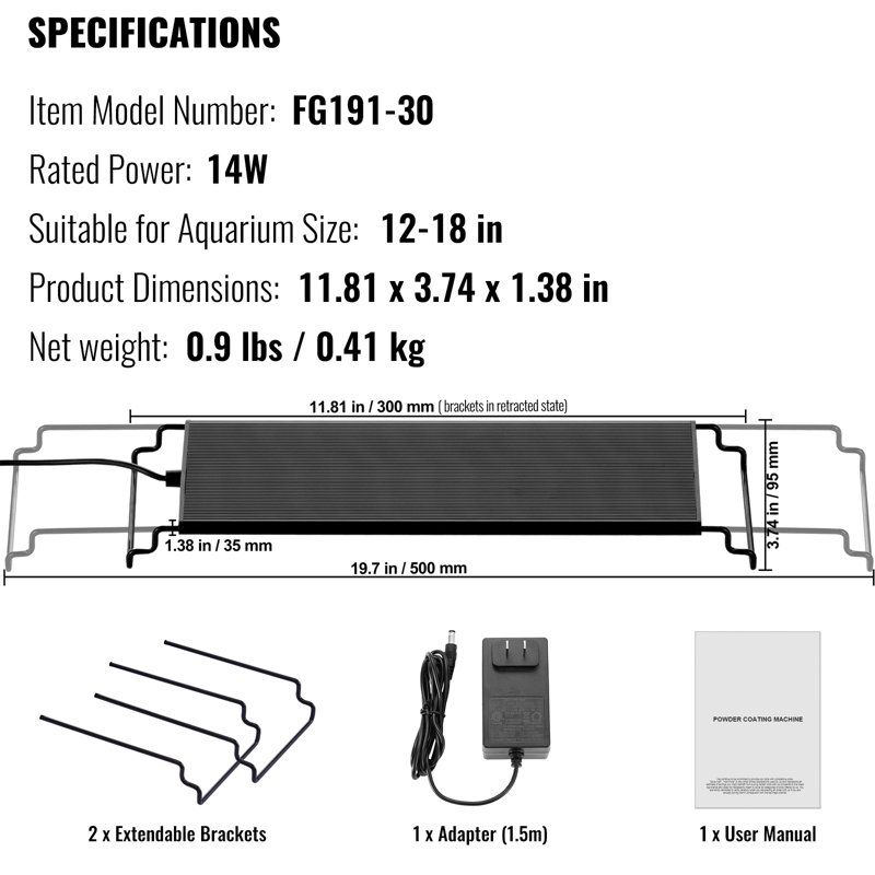 Éclairage pour aquarium avec écran ACL, lampe à spectre complet de 14 W avec mode naturel 24 heures sur 24 et 7 jours sur 7, luminosité réglable et minuterie - Boîtier en alliage d'aluminium, supports extensibles pour aquarium d'eau douce de 30 à 45 cm