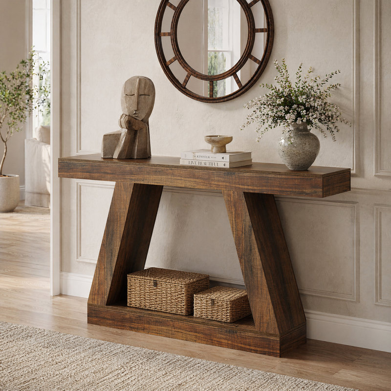 Chasidi Rectangular Pedestal Console Table, Walnut Brown
