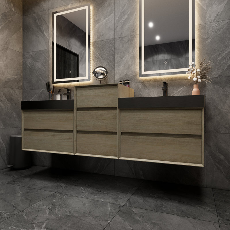Ensemble de meuble-lavabo mural double avec plateau en métal 66,5 po Ayami, Bois café
