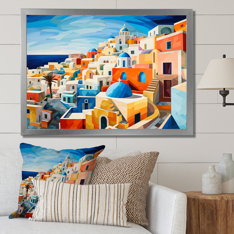 «Colorful Colorful Santorini Cityscape Popart VII», reproduction sur toile, Cadre naturel flottant