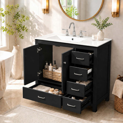 Meuble-lavabo de 91 cm (36 po) avec lavabo en céramique, grand espace de rangement, 2 portes à fermeture douce et 5 tiroirs.