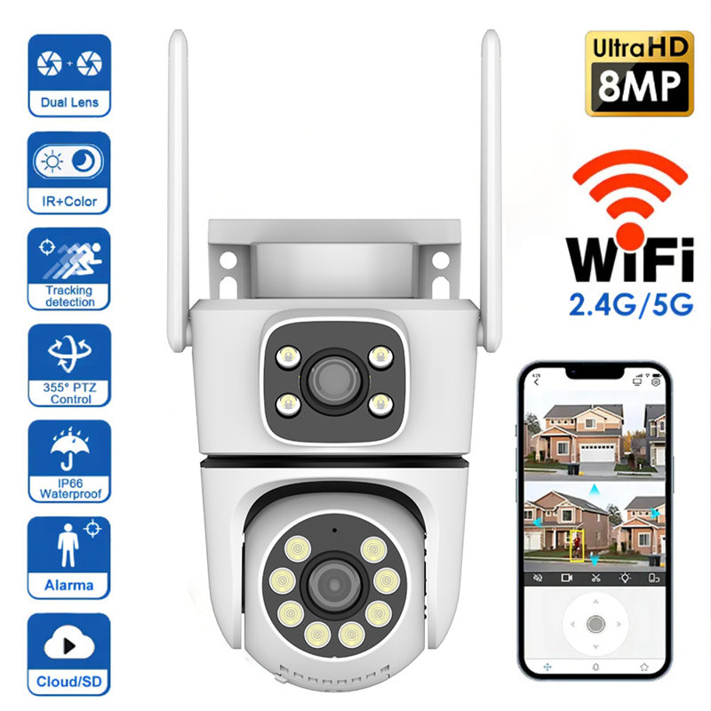 Outdoor Security Camera, Dual Lens 2MP+2MP Wi-Fi 6 Pan-Tilt, IP65 Weatherproof, 20m IR Night Vision & 2-Way Audio