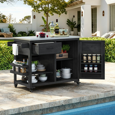 43.3" Outdoor Kitchen Island, Rolling Wood Grill Bar Cart with Stainless Steel Top, Spice Rack, Removable Shelf and Gas Tank Storage