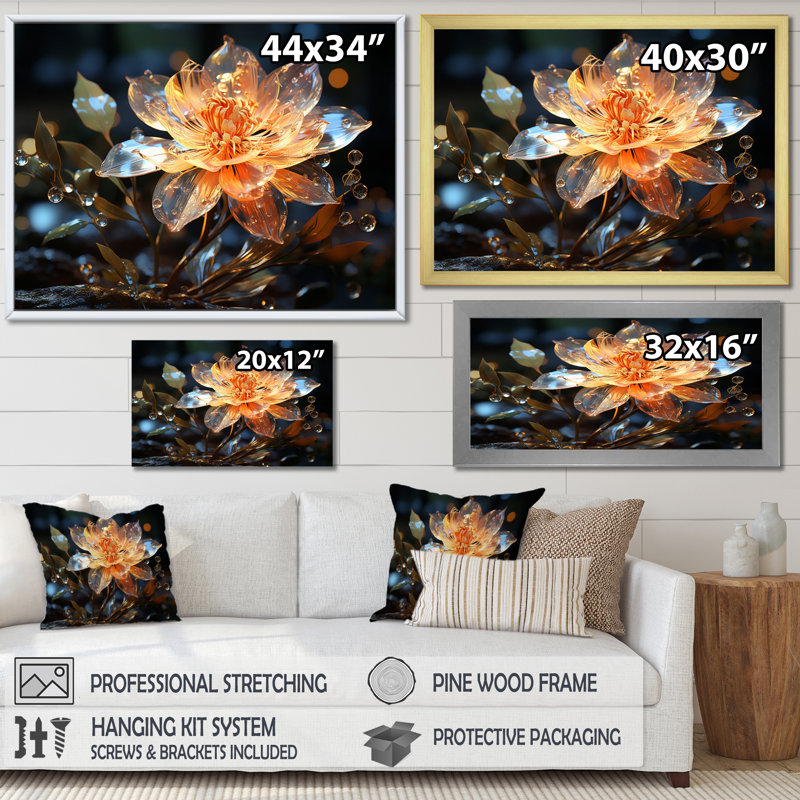 Fleurs de cristal orange II - impression, Encadrement doré, H 24 po x l 32 po x P 1 po