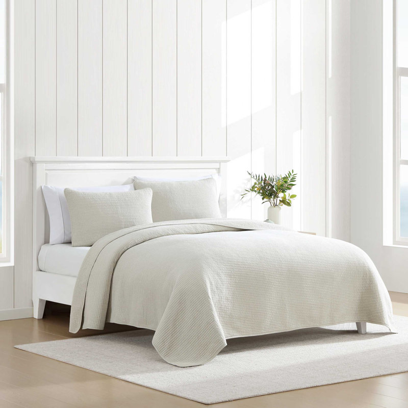 Nautica Seashore Stitch Solid Cotton Quilt Set, Beige, Queen Quilt + 2 Standard Shams