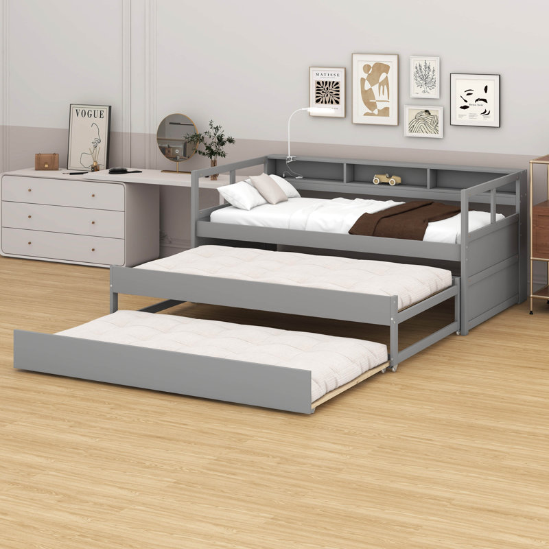 Multiple Twin XL Daybed  With 2 Trundles And 3 Storage Cubbies, Solid Wood Daybed Frame With A Light For Free And USB Charging Design, Space Saving Design