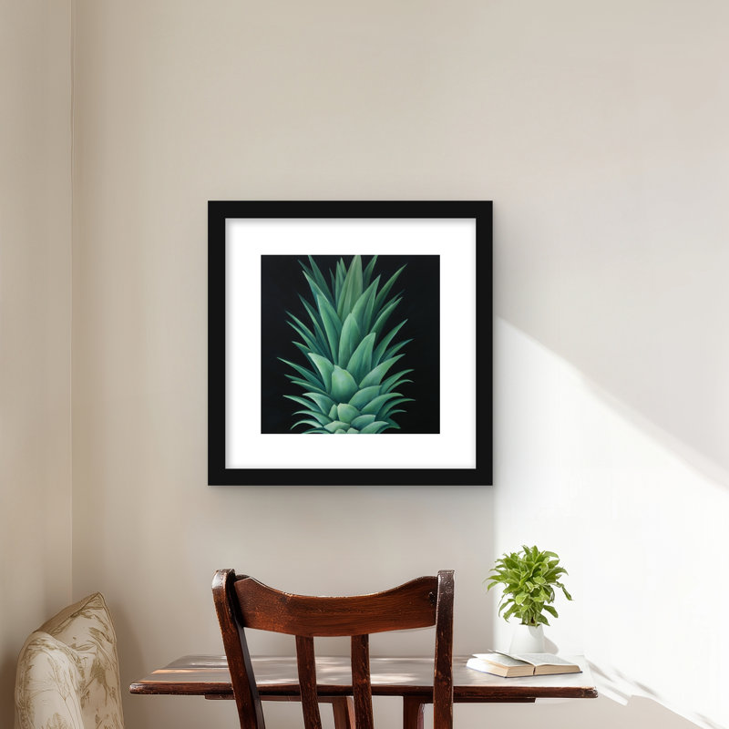 Pineapple Leaves - Floral Kitchen Framed Matted Print Decor, 16" H x 16" W, Black