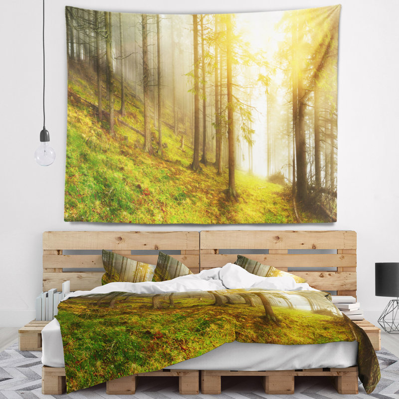 Paysage du soleil trouve son chemin dans la tapisserie de la forêt, H 78 po x l 92 po